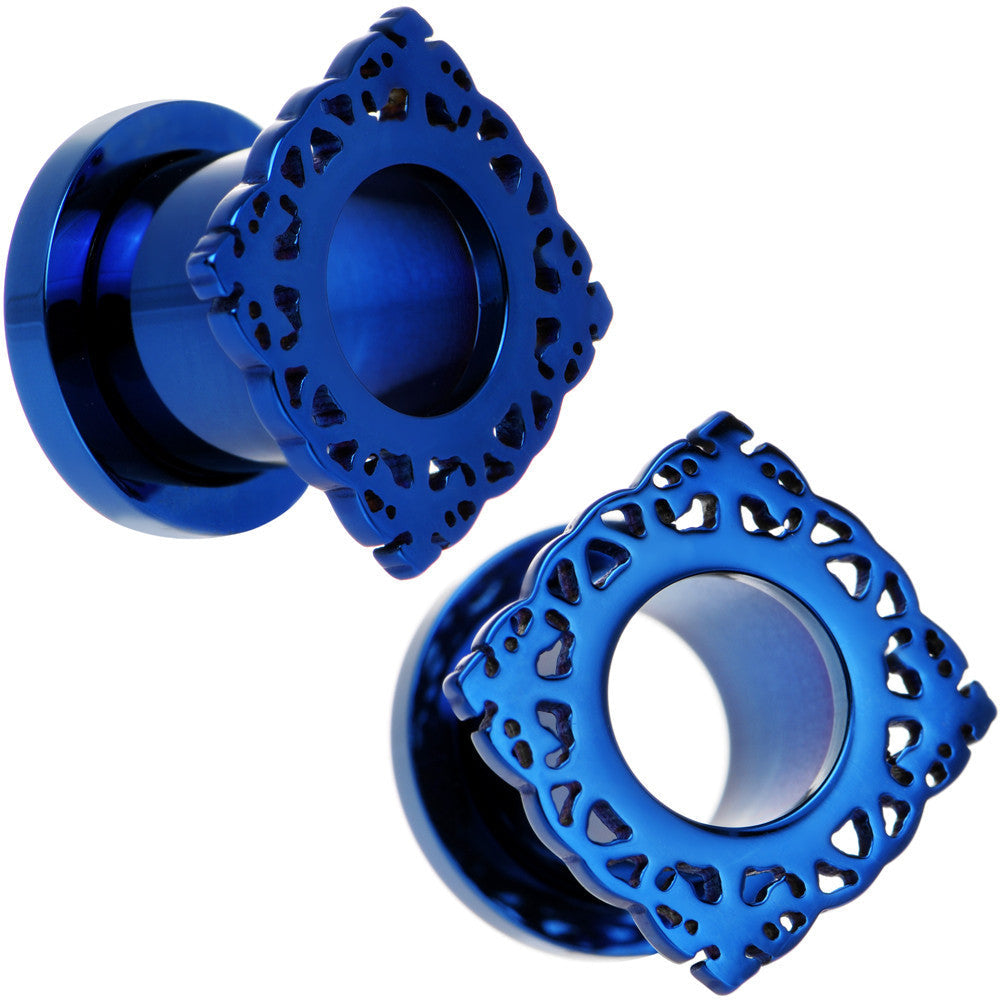 00G Blue PVD Filigree Frame Screw Fit Tunnel Plug Set