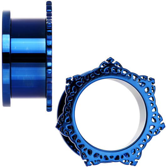 3/4 Blue PVD Filigree Frame Screw Fit Tunnel Plug Set