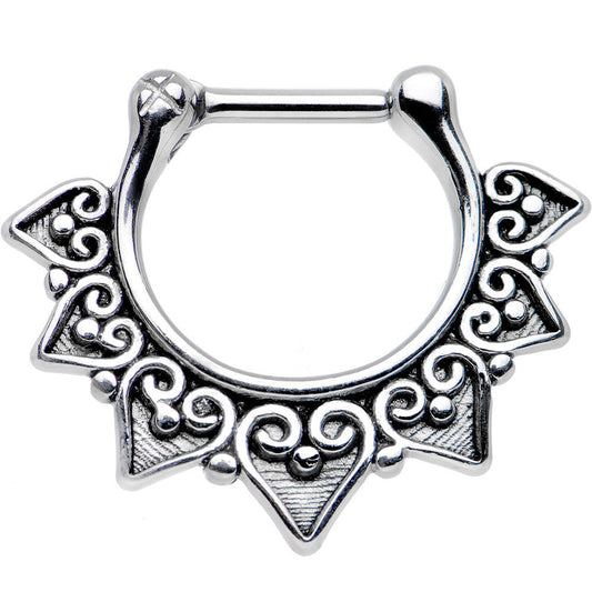 16G 1/4 Steel Barbell Ornate Heart Detailed Hoop Septum Clicker