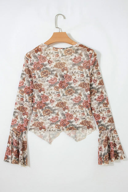 Floral Stitch Tie V-Neck Bell Sleeve Blouse