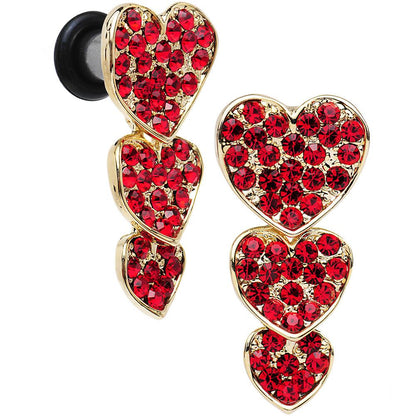 Red Gem Steel Triple Heart Single Flare Dangle Plug Set Sizes 5mm to 00G