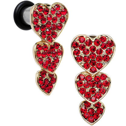 Red Gem Steel Triple Heart Single Flare Dangle Plug Set Sizes 5mm to 00G