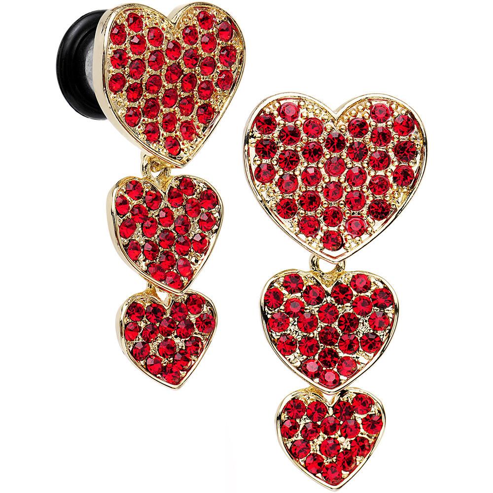 Red Gem Steel Triple Heart Single Flare Dangle Plug Set Sizes 5mm to 00G