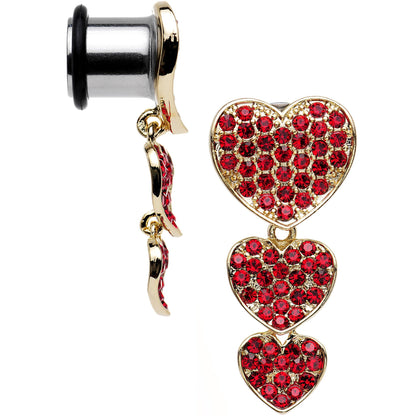 Red Gem Steel Triple Heart Single Flare Dangle Plug Set Sizes 5mm to 00G