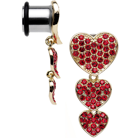 Red Gem Steel Triple Heart Single Flare Dangle Plug Set Sizes 5mm to 00G