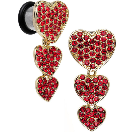 Red Gem Steel Triple Heart Single Flare Dangle Plug Set Sizes 5mm to 00G