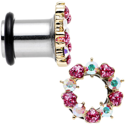 0G Aurora and Pink Gem Heart Wreath Single Flare Tunnel Plug Set