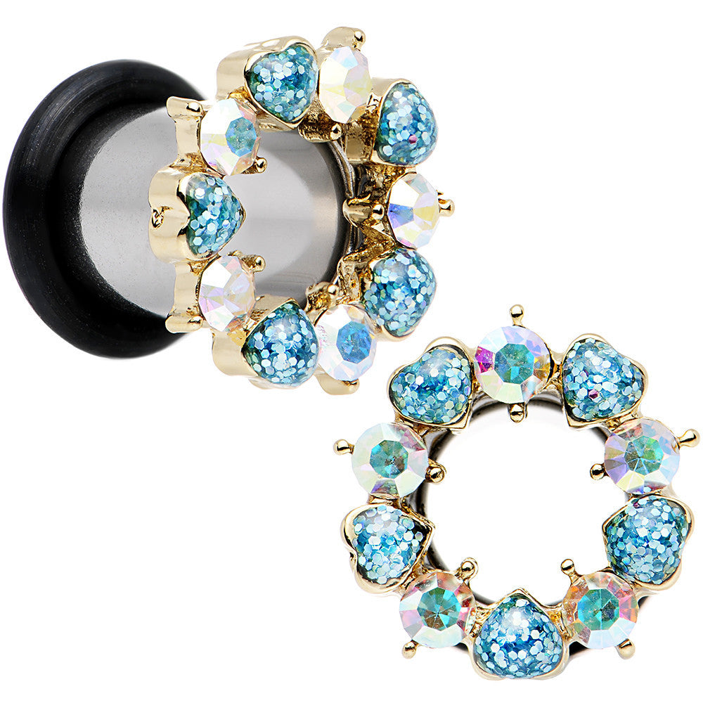 0G Aurora and Aqua Gem Heart Wreath Single Flare Tunnel Plug Set