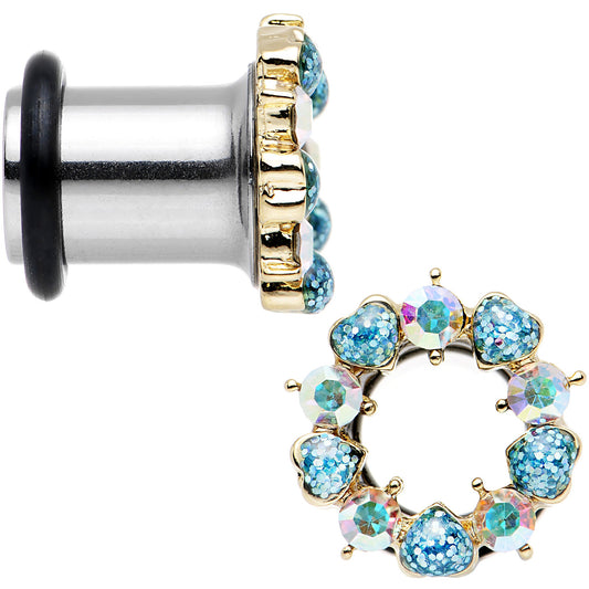0G Aurora and Aqua Gem Heart Wreath Single Flare Tunnel Plug Set