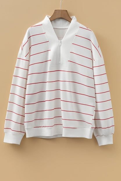 Stripe Zipped V-Neck Long Sleeve Top