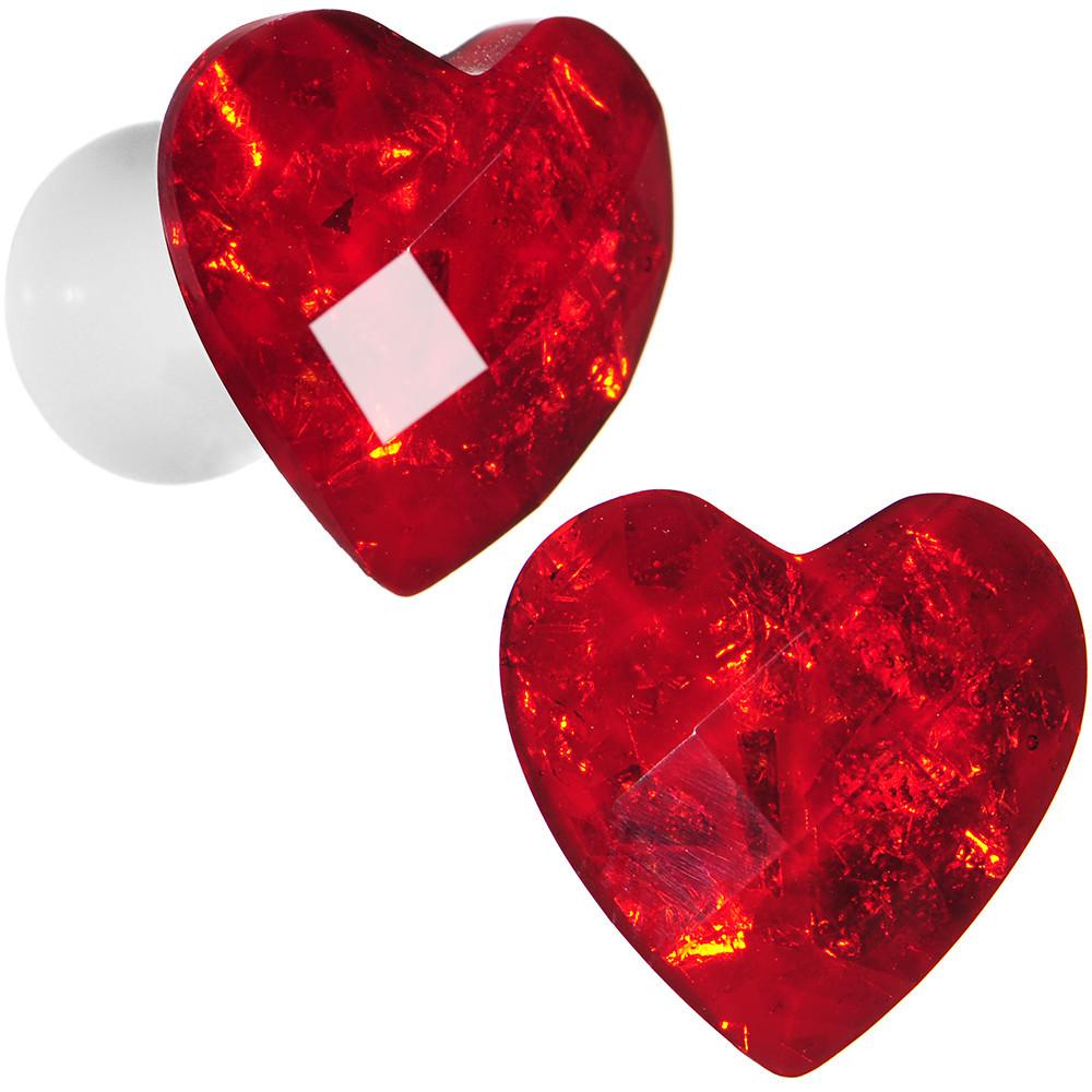 White Acrylic Red Faceted Valentine Heart Saddle Plug Set 2G to 26mm