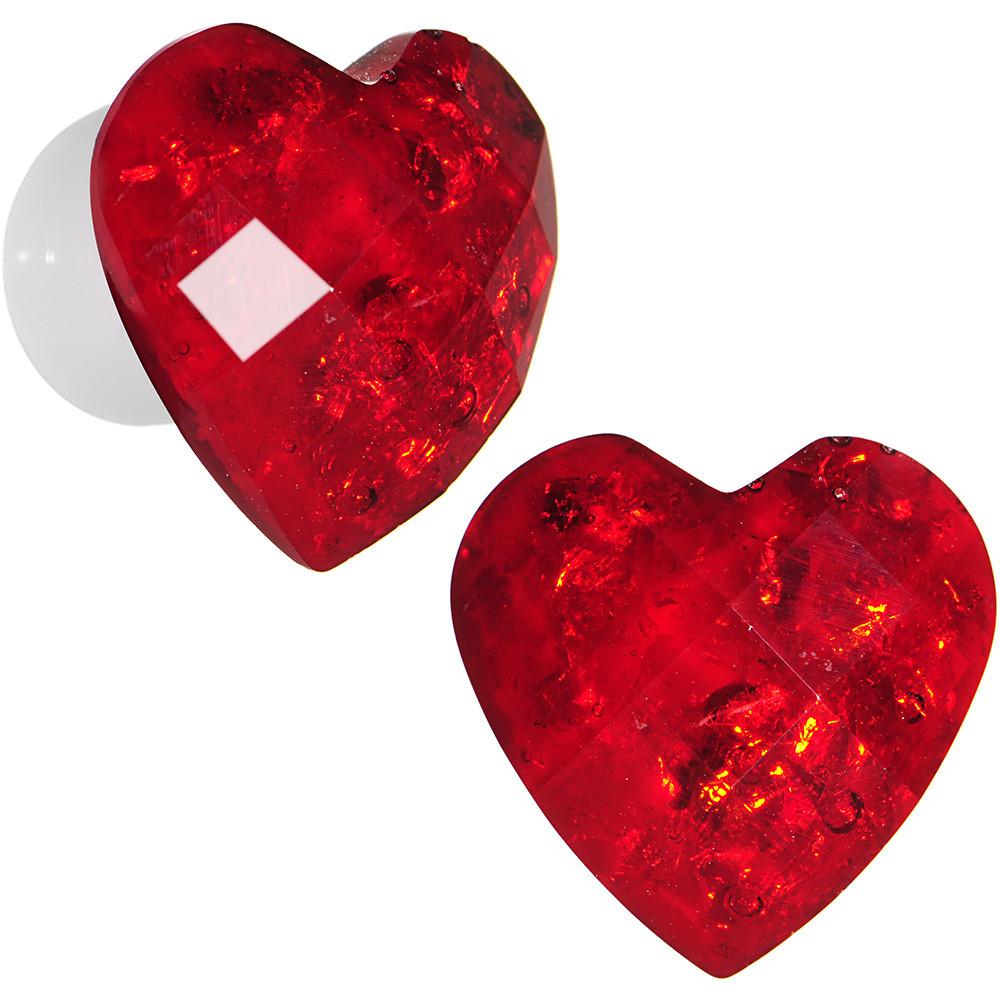 White Acrylic Red Faceted Valentine Heart Saddle Plug Set 2G to 26mm