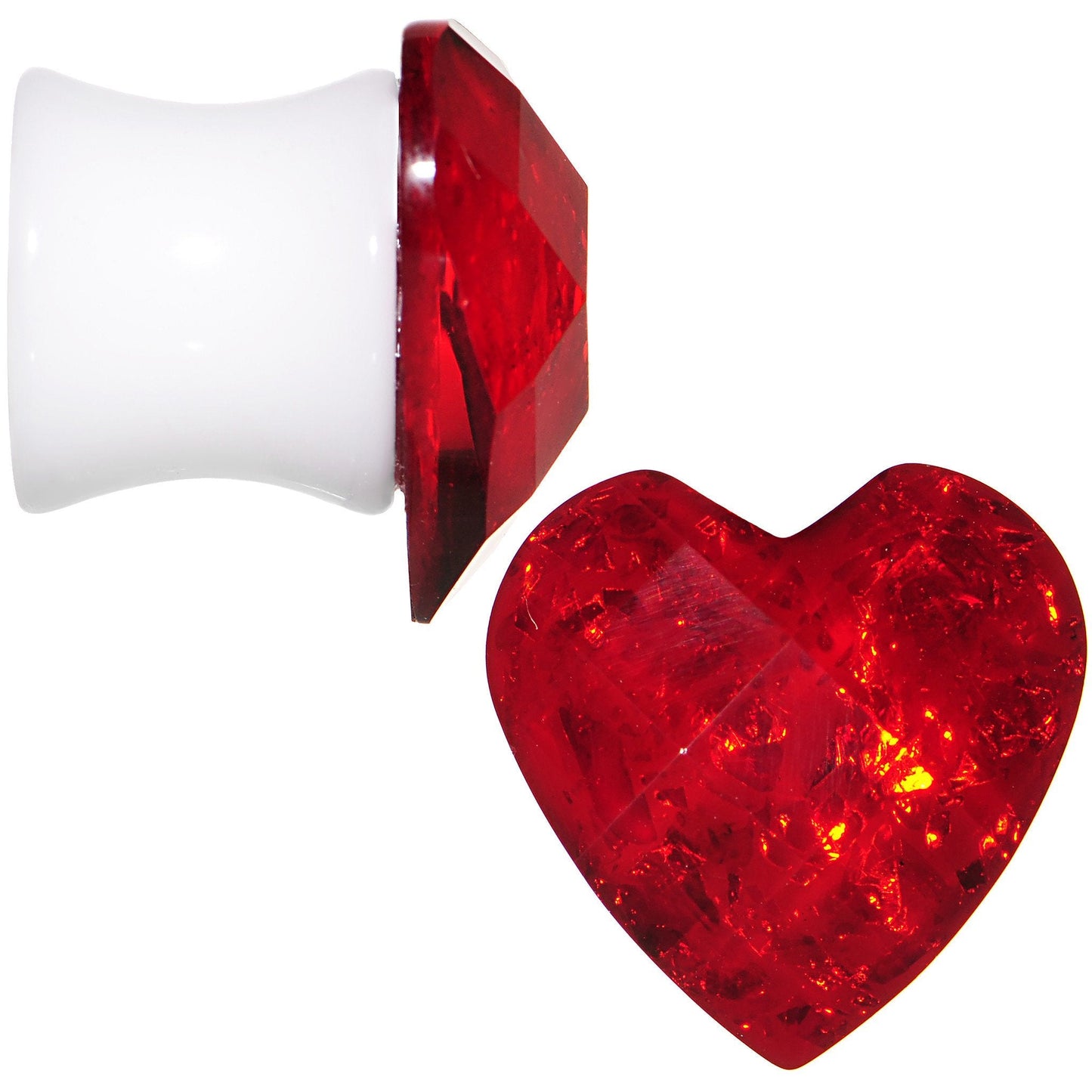 White Acrylic Red Faceted Valentine Heart Saddle Plug Set 2G to 26mm