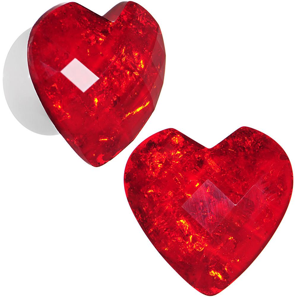 White Acrylic Red Faceted Valentine Heart Saddle Plug Set 2G to 26mm