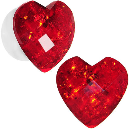 White Acrylic Red Faceted Valentine Heart Saddle Plug Set 2G to 26mm