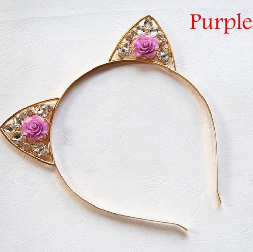 Alloy Diamond Rose Cat Ears Headband