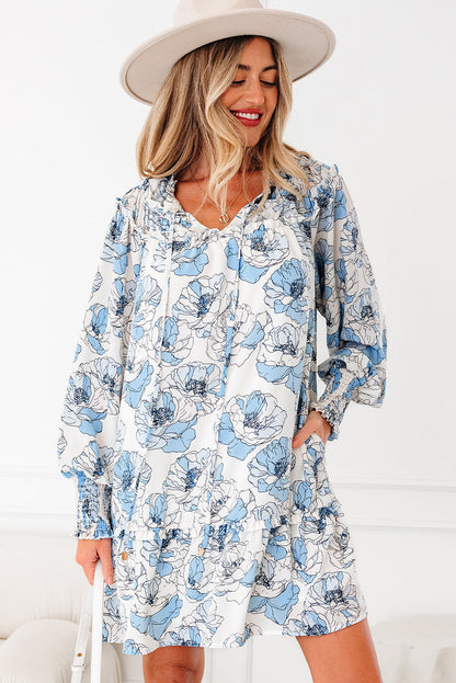 Floral Ruffle Tie Neck Mini Dress