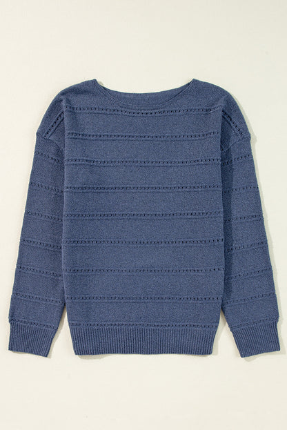 Pointelle Knit Boat Neck Drop Shoulder Sweater