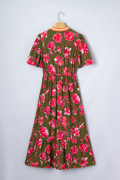 Floral Stripe Trim Puff Sleeve Split Maxi Dress
