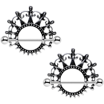 1 inch Dark Ornate Detail Princess Crown Barbell Nipple Shield Set