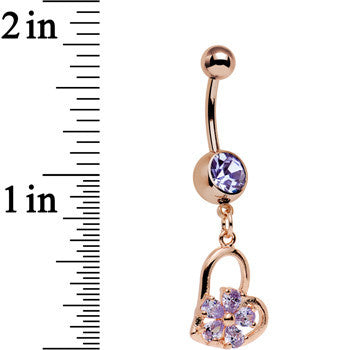 Purple CZ Gem Rose Gold Plated Orchid Hollow Heart Dangle Belly Ring