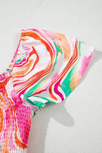 Abstract Ruffle Sleeve Smock Maxi Dress