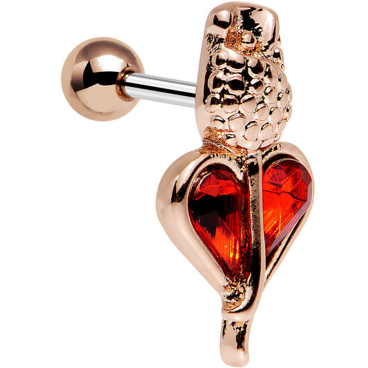 16G 1/4 Red Gem Rosy Hue Heart and Rose Flower Tragus Cartilage Earring