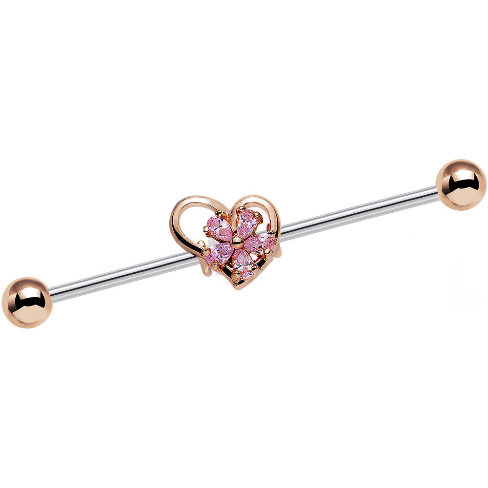 14G Pink Gem Sunlit Flower and Heart Industrial Barbell 38mm