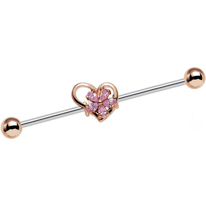 14G Pink Gem Sunlit Flower and Heart Industrial Barbell 38mm