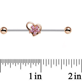 14G Pink Gem Sunlit Flower and Heart Industrial Barbell 38mm