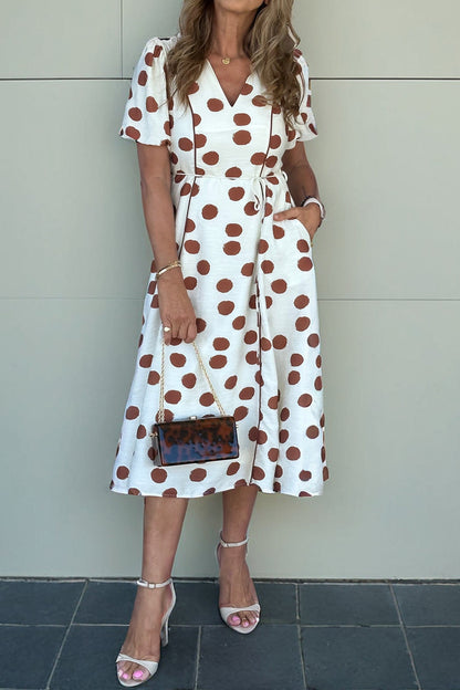 Polka Dot V-Neck Short Sleeve Tie Dress