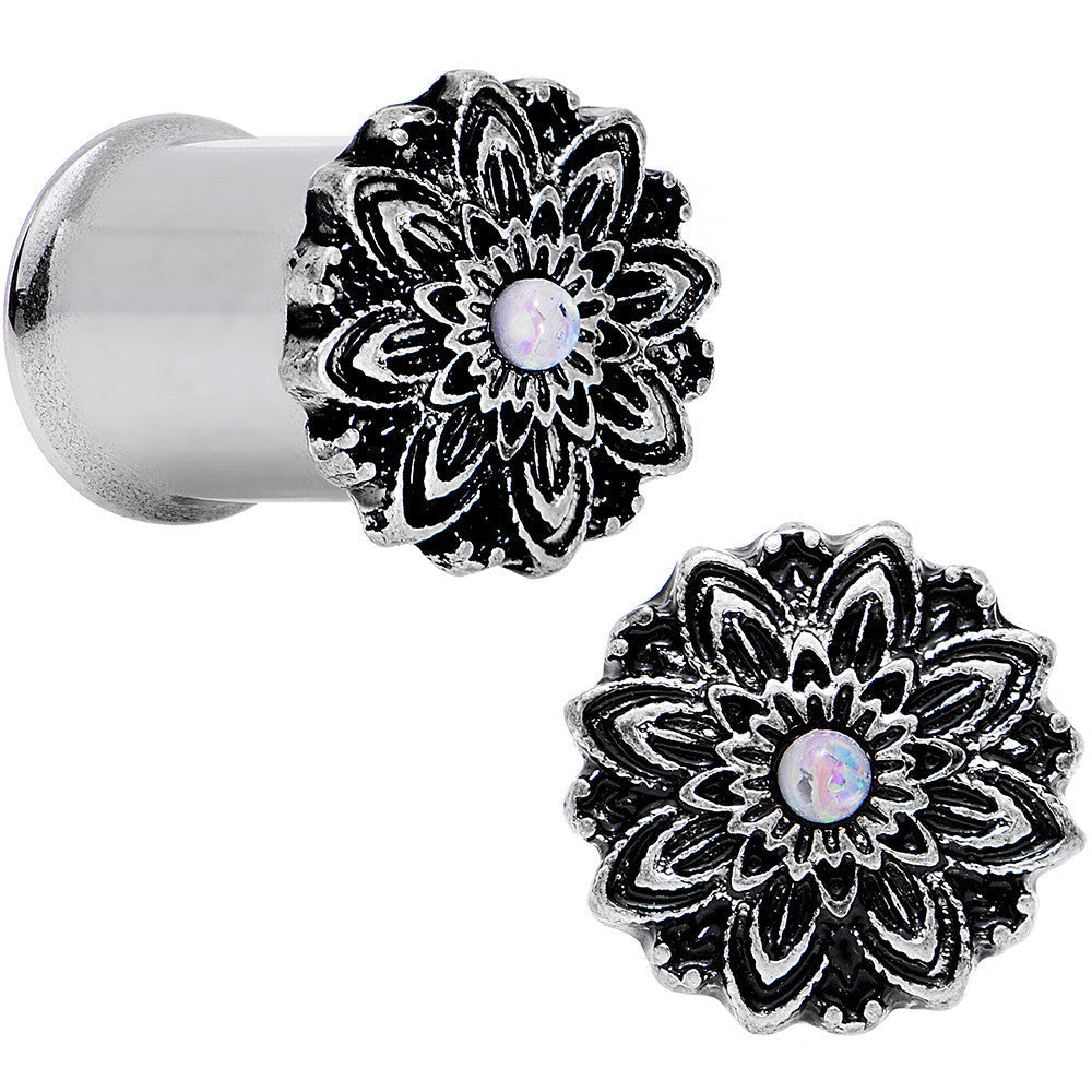 0G White Synthetic Opal Steel Flower Frame Double Flare Plug Set