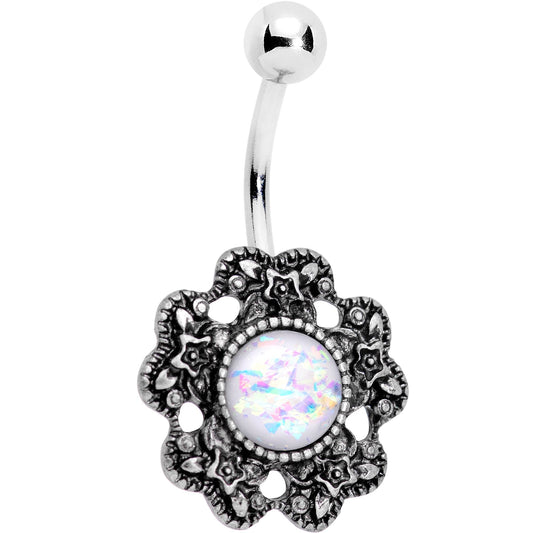 White Faux Opal Forget Me Never Flower Belly Ring