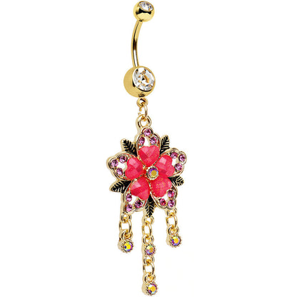 Clear Pink Aurora Gem Gold Anodized Heart Flower Dangle Belly Ring