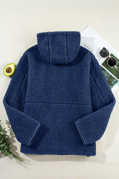 Solid Fleece Zip-Up Drawstring Pocketed Hooded Jacket