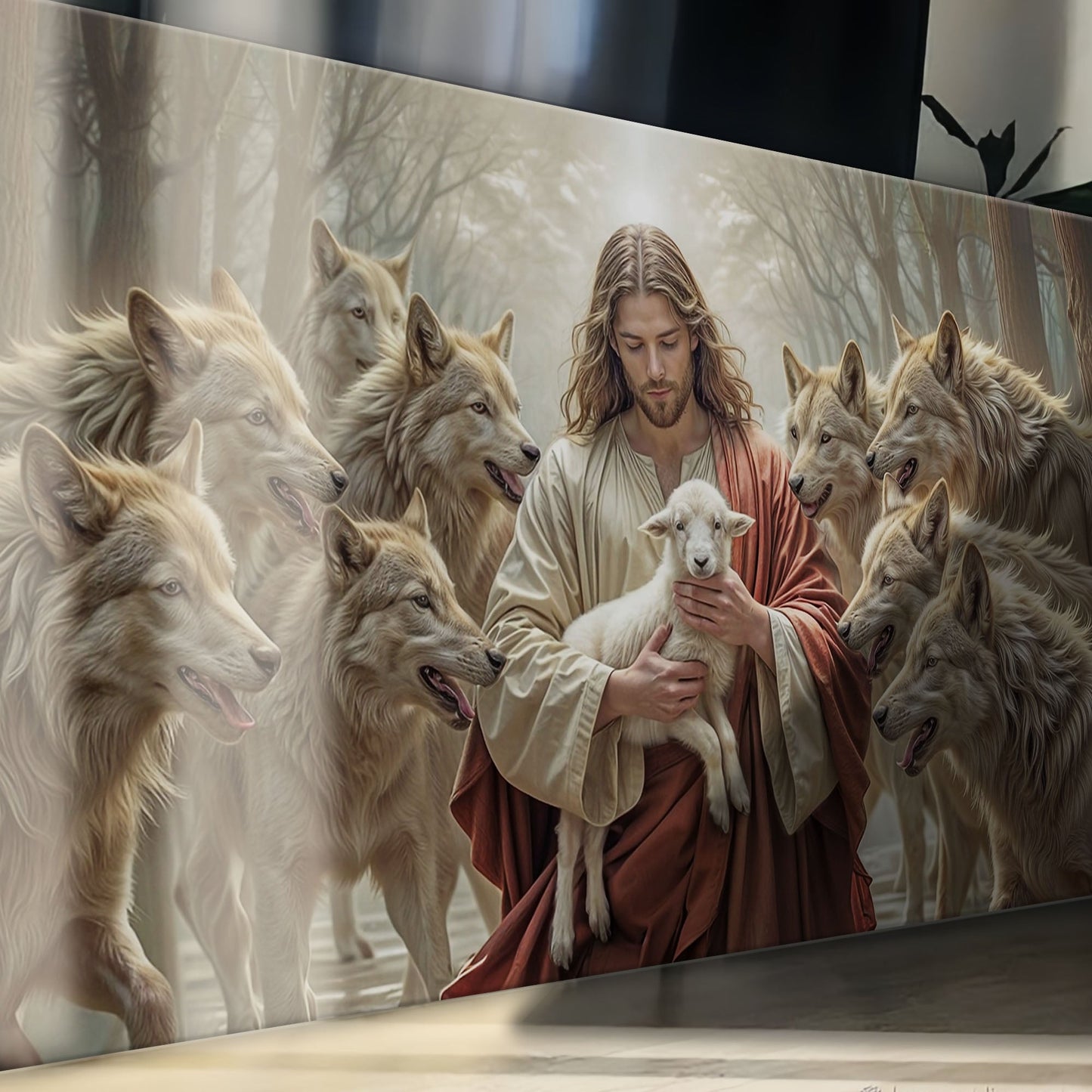 Jesus Protects The Lamb From Wolves Faith Wall Art II