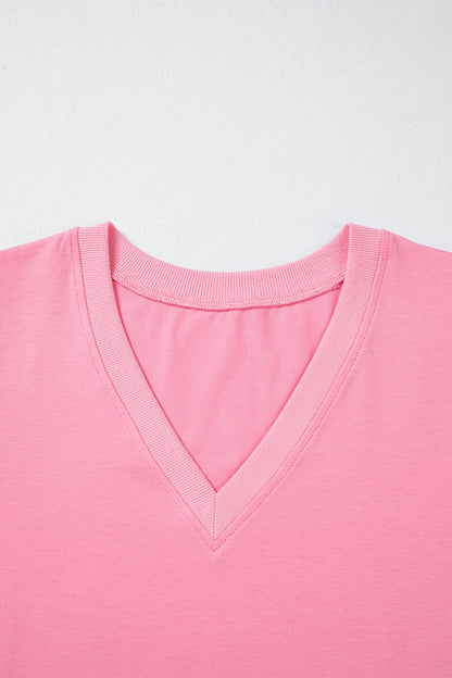 Solid V-Neck Short Puff Sleeve Blouse