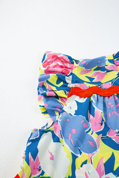 Floral V-Notch Ric-Rac Flutter Sleeve Dress