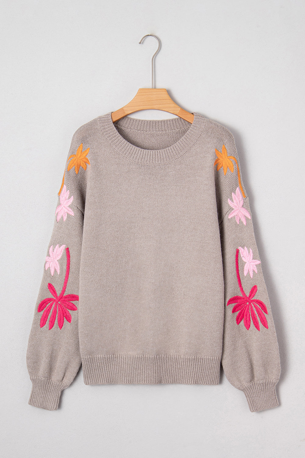 Floral Embroider Sleeve Round Neck Loose Sweater