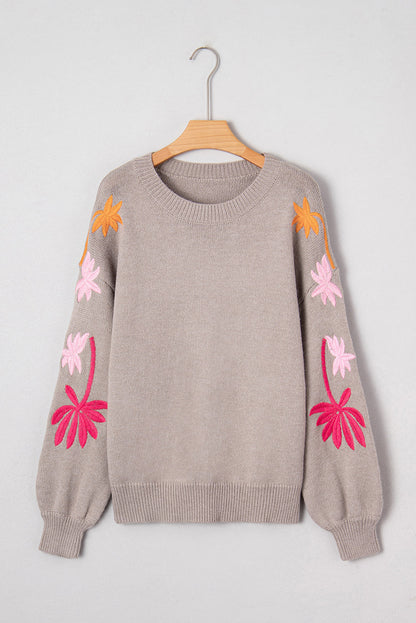 Floral Embroider Sleeve Round Neck Loose Sweater