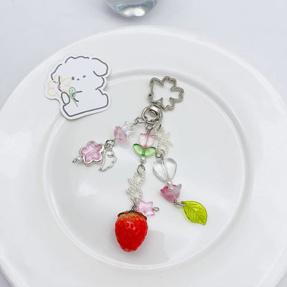Cute Strawberry Beaded Pendant Keychain