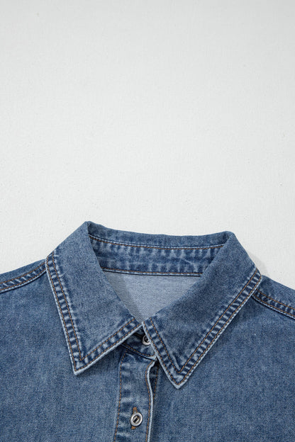 Button Flap Pocket Cuffed Short Sleeve Denim Shirt