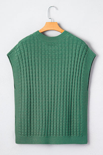 Solid Round Neck Textured Short Sleeve Sweater