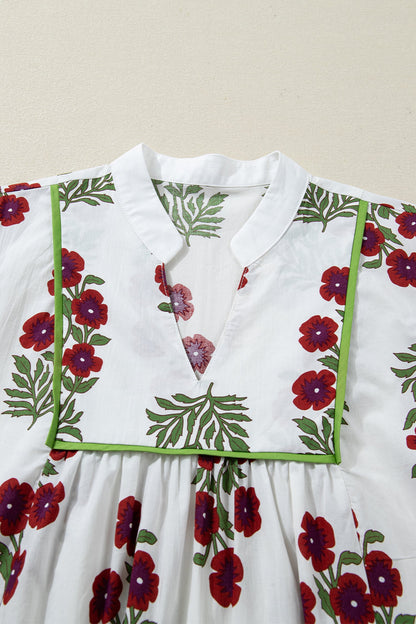 Floral Frilled V-Neck 3/4 Sleeve Dress