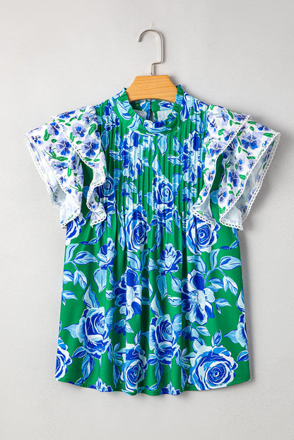 Floral Lace Trim Ruffle Sleeve Pleated Blouse