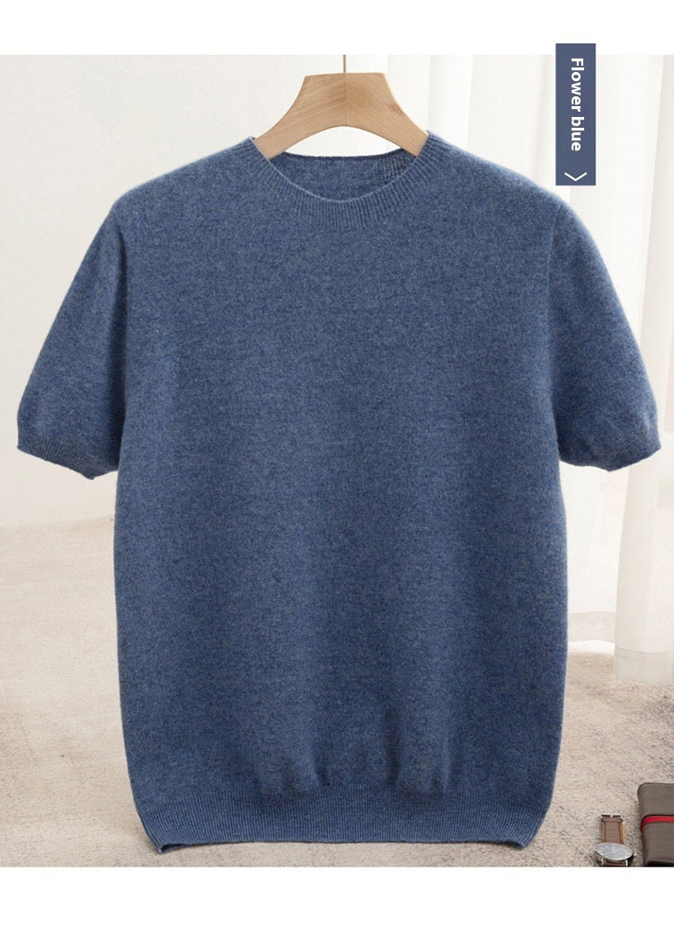 Knitted Short Sleeve Pure Wool Sweater Men's Round Neck