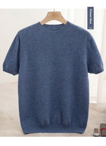 Knitted Short Sleeve Pure Wool Sweater Men's Round Neck
