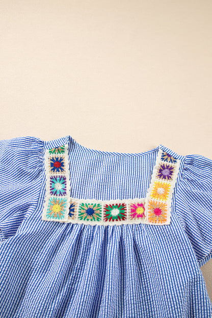 Stripe Textured Ruffle Short Sleeve Square Blouse