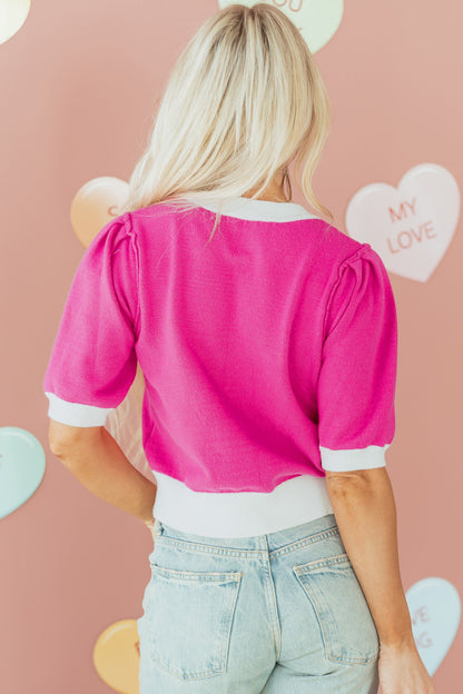 Valentine XOXO Embroidered Puff Sleeve Sweater Tee