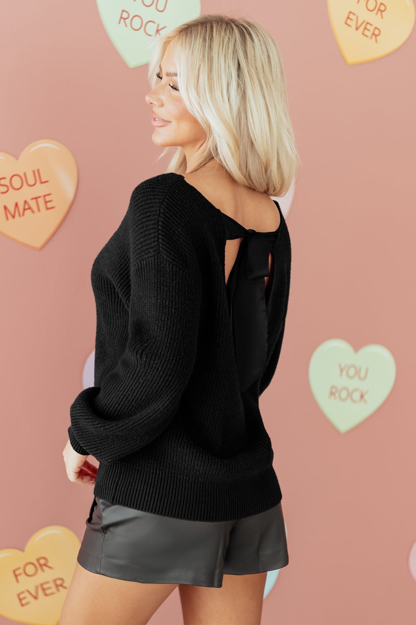 Ribbon Knot Backless Drop Shoulder Ribbed Sweater